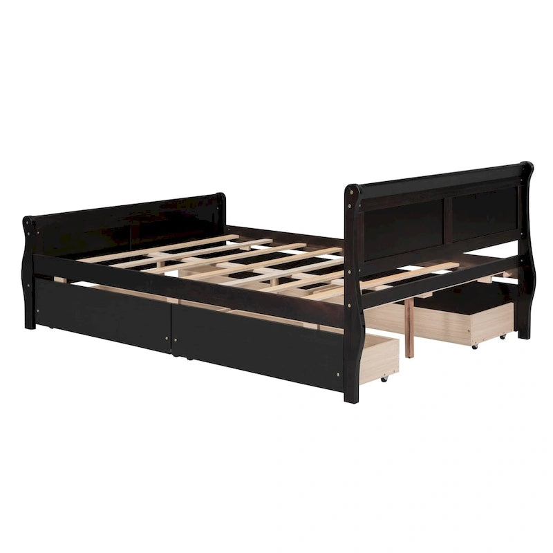 Cama de plataforma de madera tamaño matrimonial con 4 cajones y cabecero
