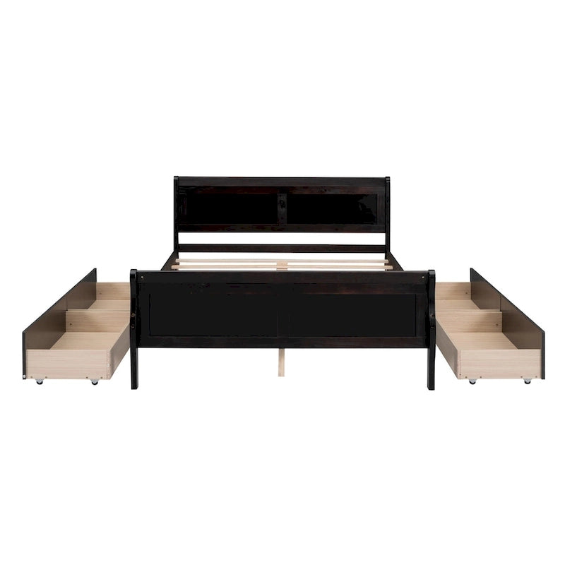 Cama de plataforma de madera tamaño matrimonial con 4 cajones y cabecero