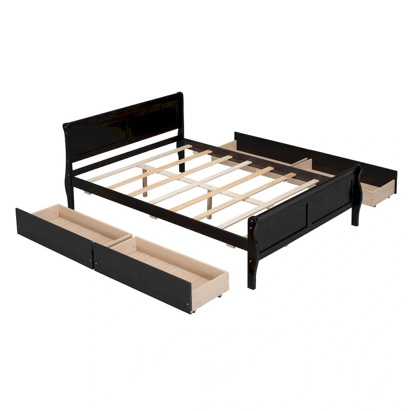 Cama de plataforma de madera tamaño matrimonial con 4 cajones y cabecero