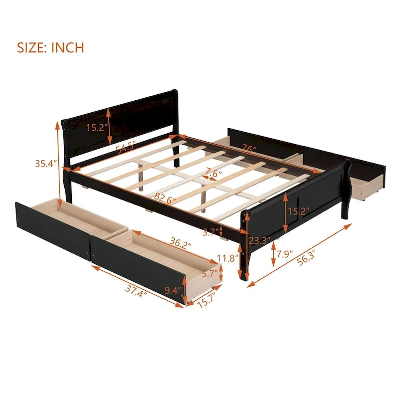 Cama de plataforma de madera tamaño matrimonial con 4 cajones y cabecero