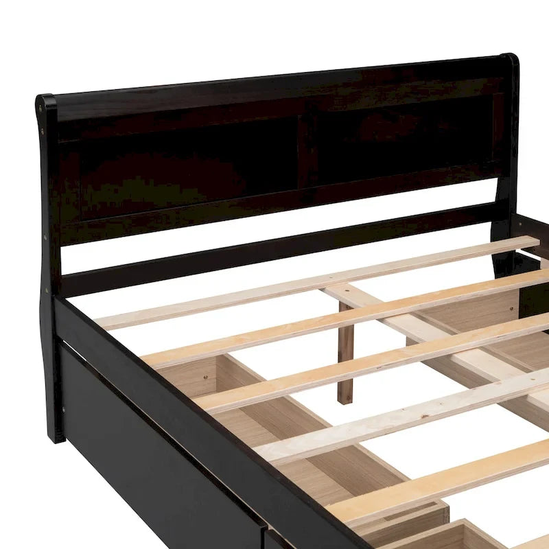 Cama de plataforma de madera tamaño matrimonial con 4 cajones y cabecero