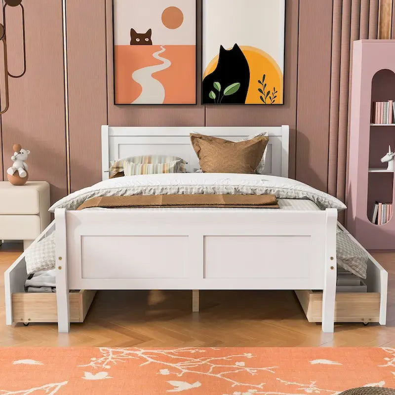 Cama de plataforma de madera tamaño matrimonial con 4 cajones y cabecero