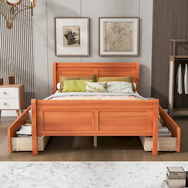 Cama de plataforma de madera tamaño matrimonial con 4 cajones y cabecero