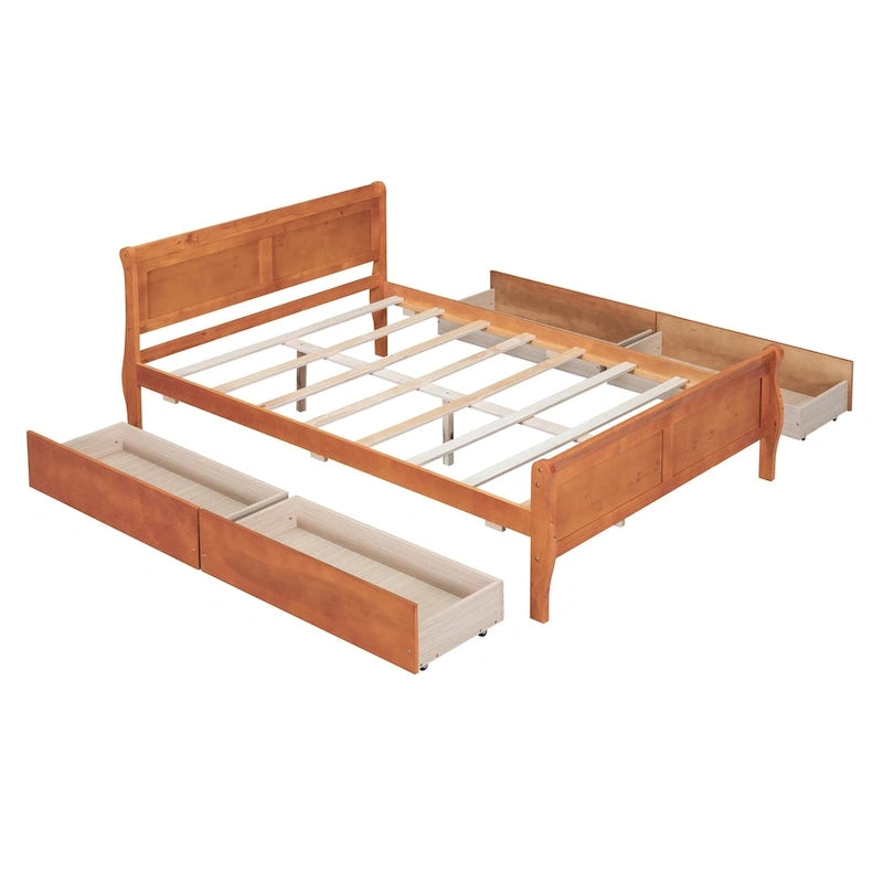 Cama de plataforma de madera tamaño matrimonial con 4 cajones y cabecero