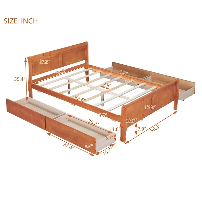 Cama de plataforma de madera tamaño matrimonial con 4 cajones y cabecero