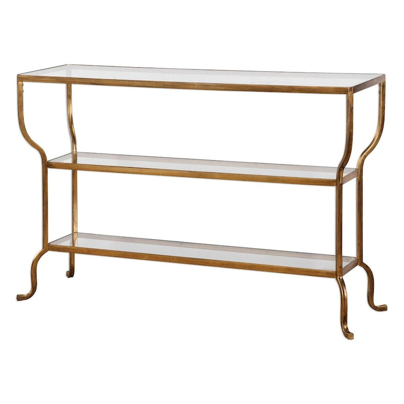Mesa consola dorada con estantes de vidrio templado