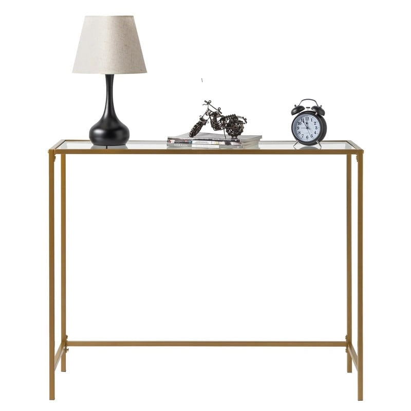Mesa consola de entrada con marco dorado y superficie de vidrio