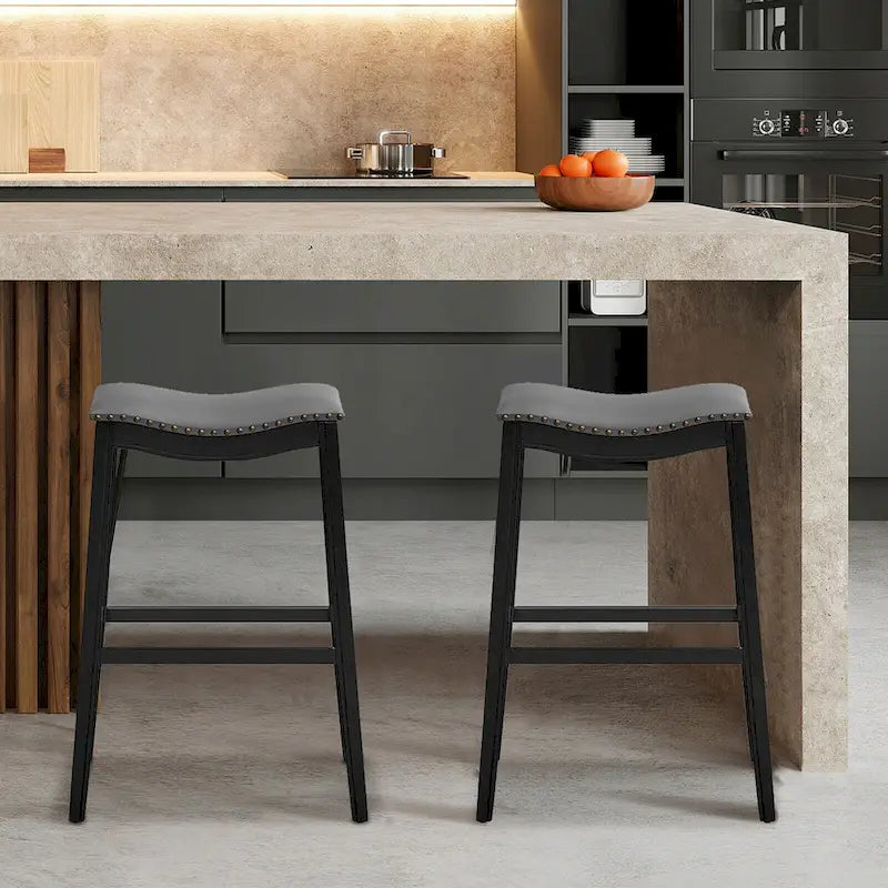 Juego de 2 bancos de bar tipo silla de montar, sillas de cocina de altura de barra con patas de madera de caucho