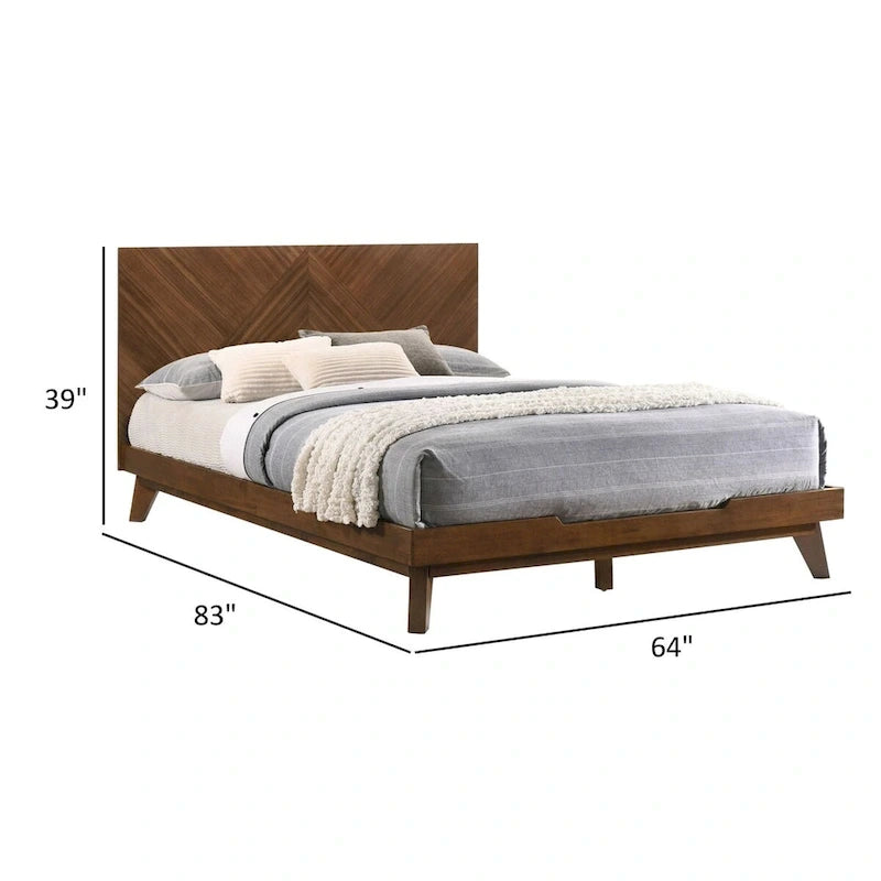 Cama Queen con cabecero alto de patrón de chevron, madera maciza color nogal
