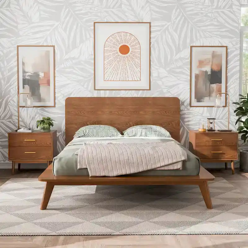Cama de plataforma de madera de perfil bajo de estilo mid-century