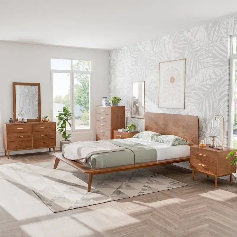 Cama de plataforma de madera de perfil bajo de estilo mid-century