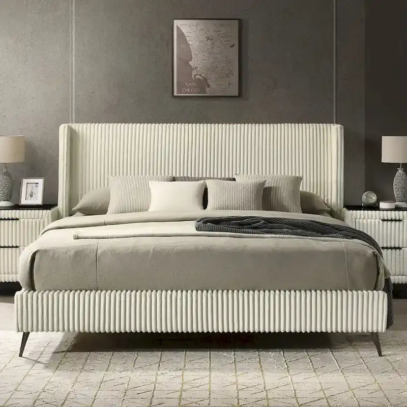 Letto con pannelli in velluto a coste larghe e 2 comodini, crema