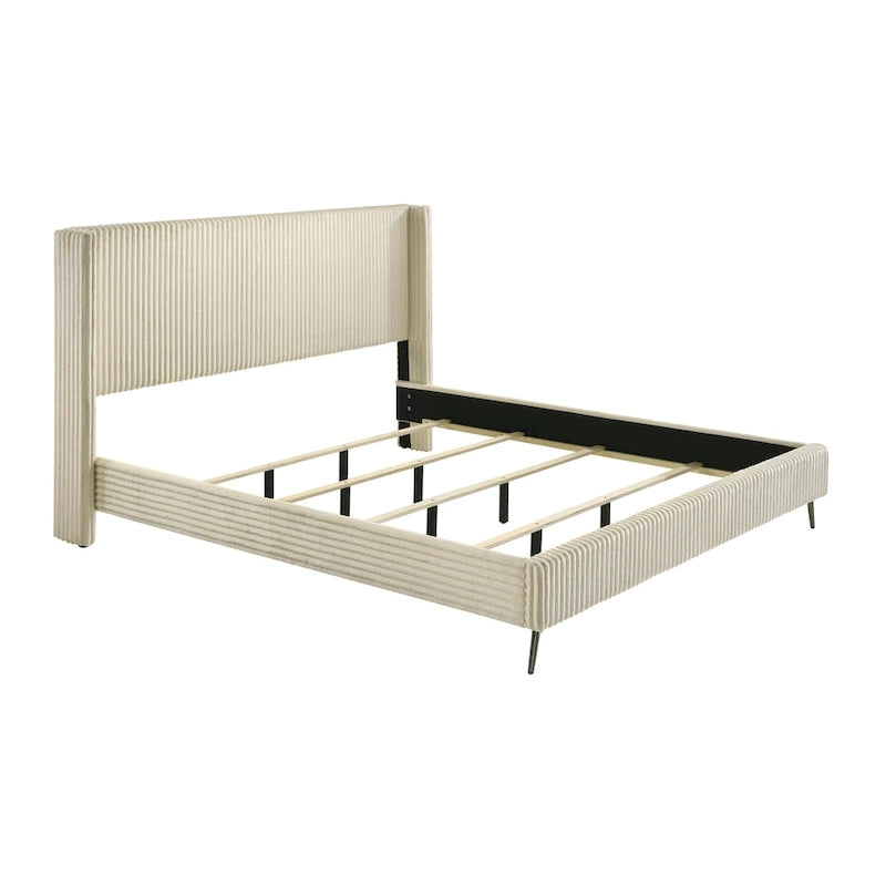 Letto con pannelli in velluto a coste larghe e 2 comodini, crema