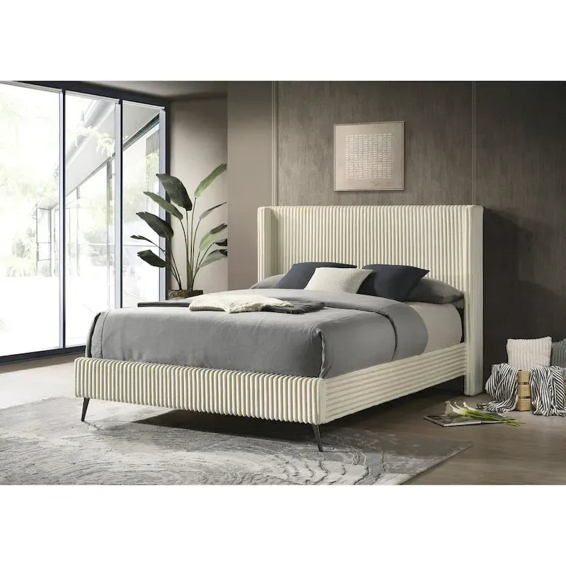 Letto con pannelli in velluto a coste larghe e 2 comodini, crema