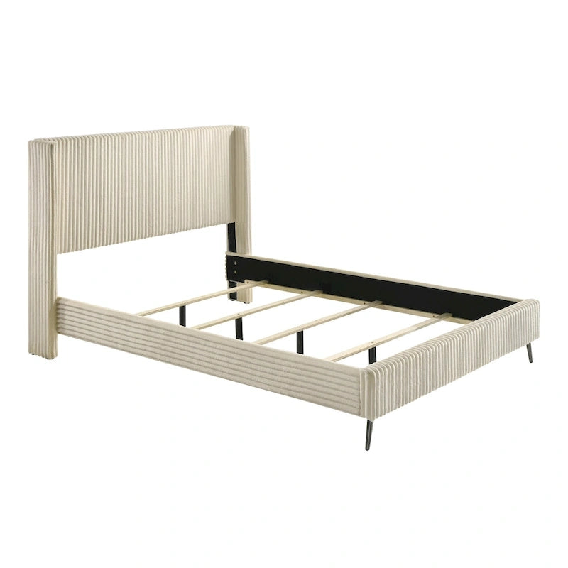 Letto con pannelli in velluto a coste larghe e 2 comodini, crema