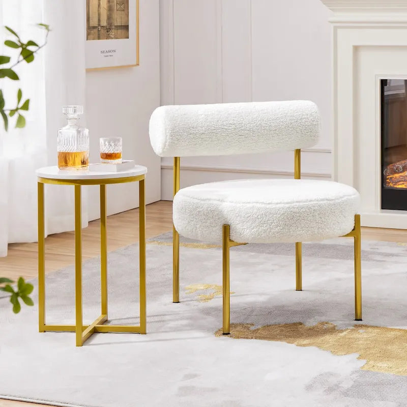 Silla decorativa bouclé con patas de metal dorado y asiento redondo acolchado