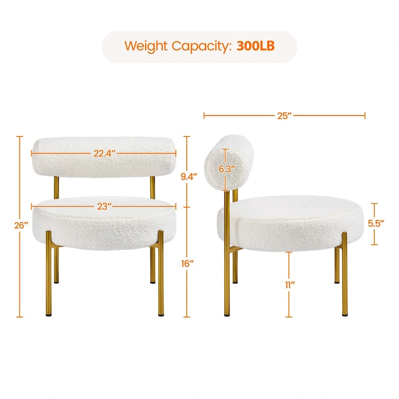 Silla decorativa bouclé con patas de metal dorado y asiento redondo acolchado
