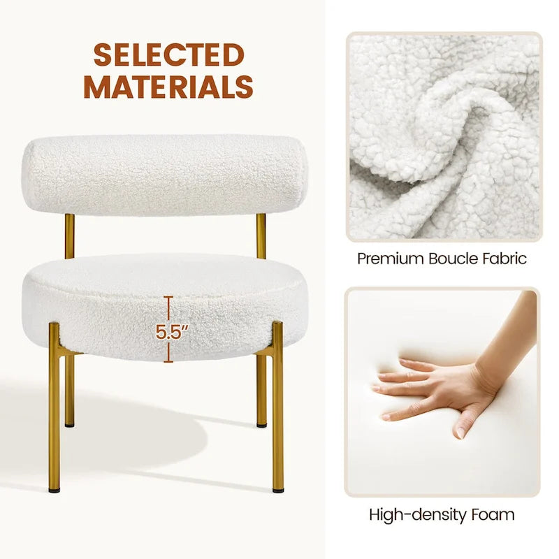 Silla decorativa bouclé con patas de metal dorado y asiento redondo acolchado