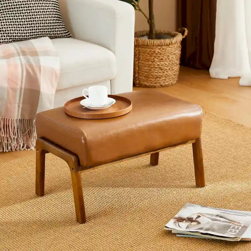 Taburete decorativo tapizado de 24.5" con patas de nogal y madera de caucho