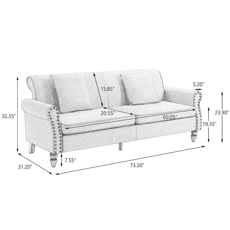 Sofa 73" mit Nagelkopfbesatz & gerollten Armlehnen
