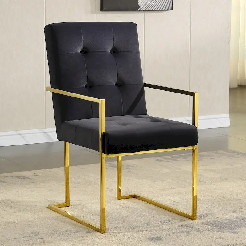 Moderner Samt-Esszimmerstuhl mit Armlehnen, Steppdesign und Edelstahlgestell mit Gold-Finish