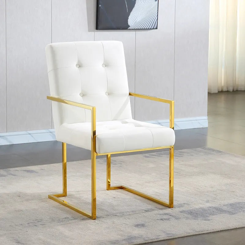 Silla con brazos de comedor moderna de terciopelo, diseño capitoné y base de acero inoxidable con acabado dorado