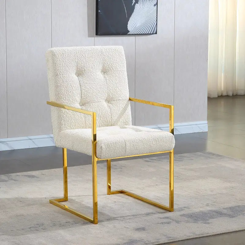Silla con brazos de comedor moderna de terciopelo, diseño capitoné y base de acero inoxidable con acabado dorado