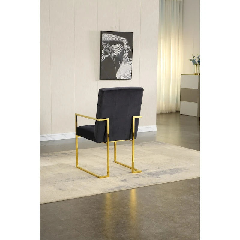 Silla con brazos de comedor moderna de terciopelo, diseño capitoné y base de acero inoxidable con acabado dorado