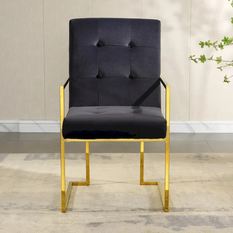 Moderner Samt-Esszimmerstuhl mit Armlehnen, Steppdesign und Edelstahlgestell mit Gold-Finish