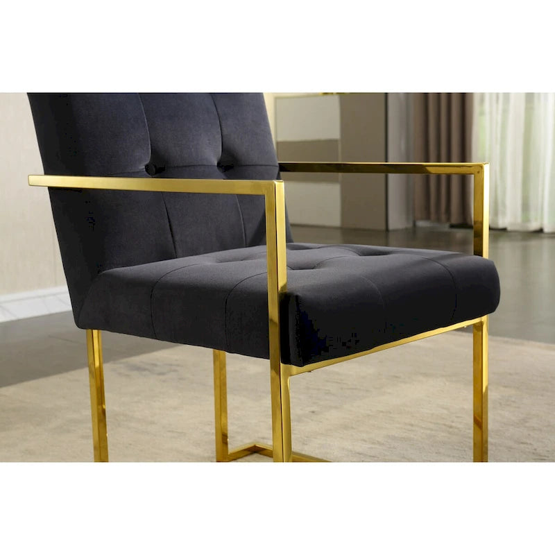 Silla con brazos de comedor moderna de terciopelo, diseño capitoné y base de acero inoxidable con acabado dorado