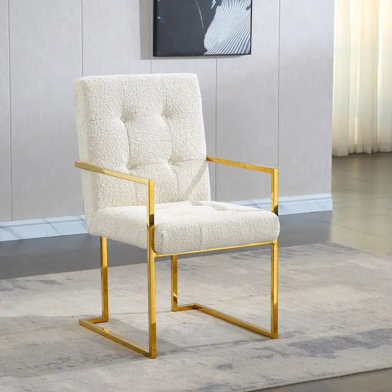 Moderner Samt-Esszimmerstuhl mit Armlehnen, Steppdesign und Edelstahlgestell mit Gold-Finish