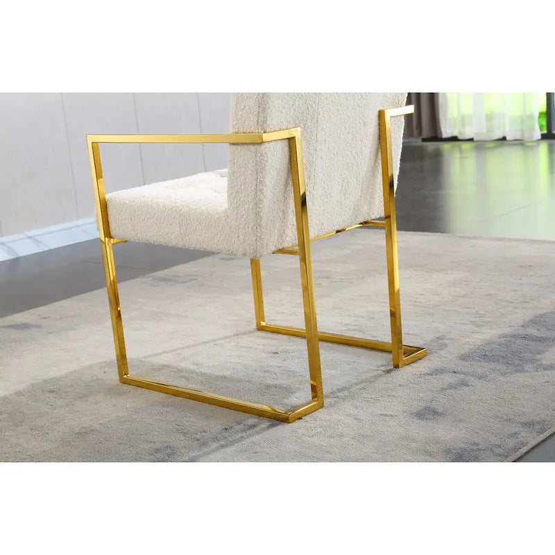 Moderner Samt-Esszimmerstuhl mit Armlehnen, Steppdesign und Edelstahlgestell mit Gold-Finish