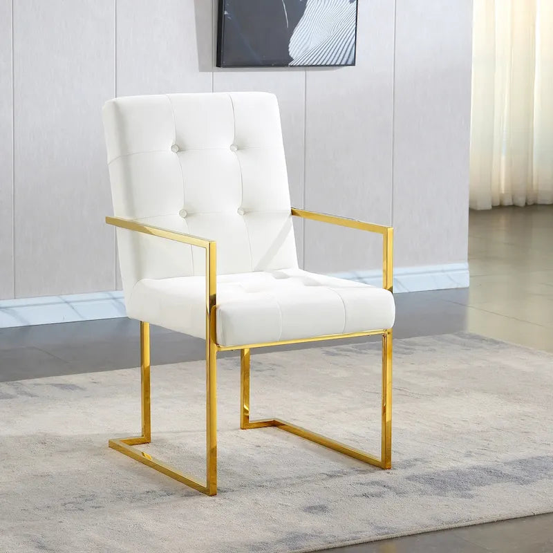 Moderner Samt-Esszimmerstuhl mit Armlehnen, Steppdesign und Edelstahlgestell mit Gold-Finish