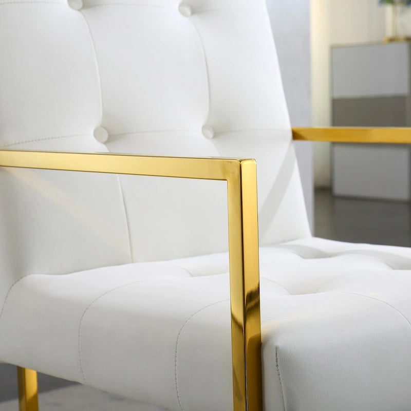 Moderner Samt-Esszimmerstuhl mit Armlehnen, Steppdesign und Edelstahlgestell mit Gold-Finish