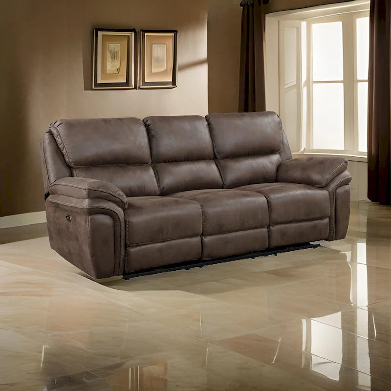 Tony 90 Inch Power Double Recliner Sofa, USB Charging Port Brown Microfiber