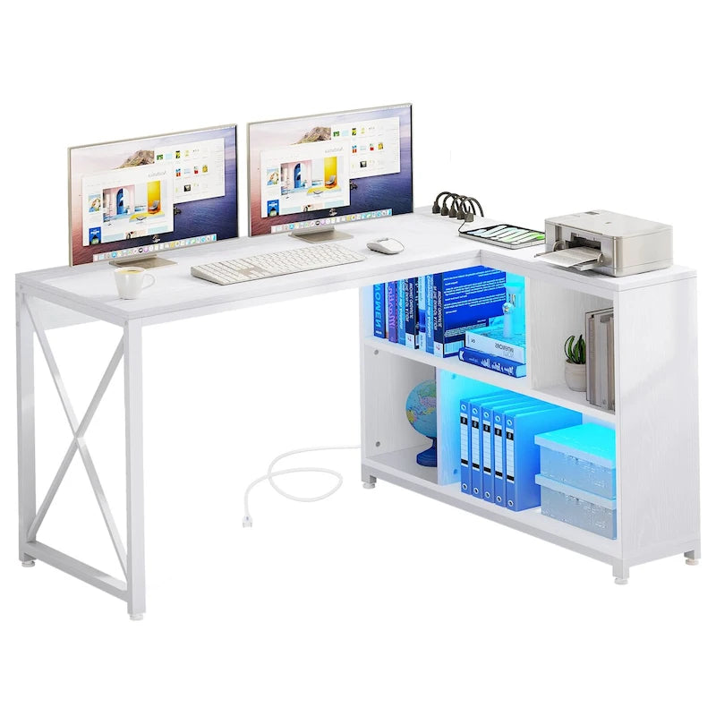 Escritorio reversible en forma de L de 55" con estantes de almacenamiento y espacio de juego en la esquina