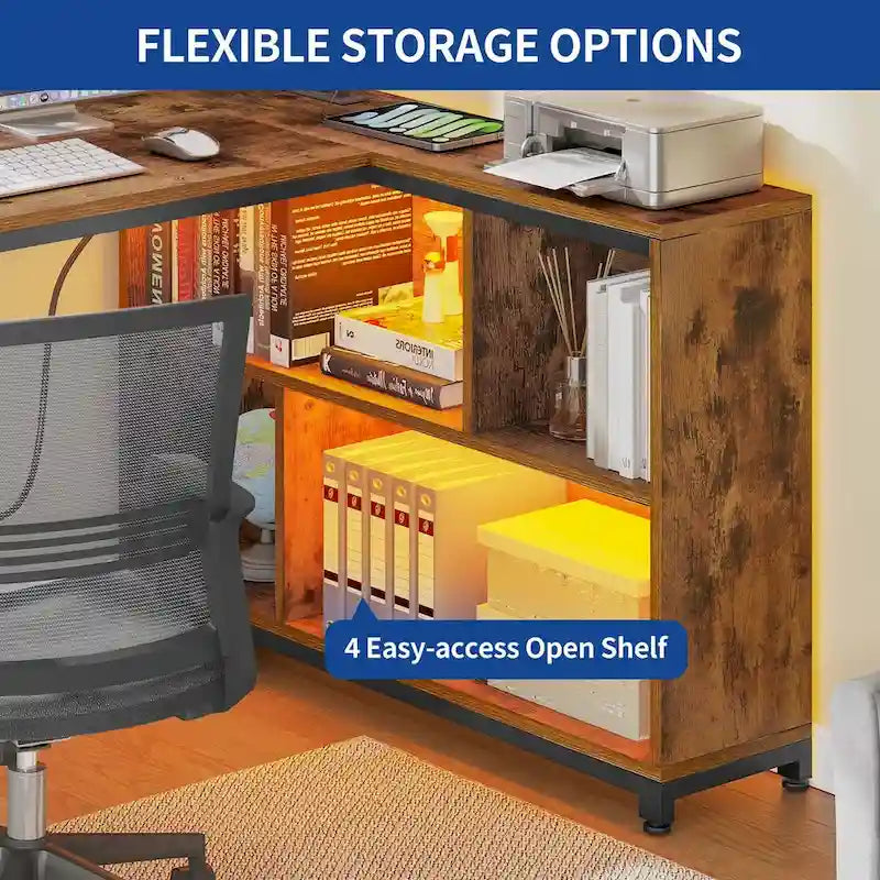 55" Reversible L-Shaped Desk with Storage Shelves & Corner Gaming Setup