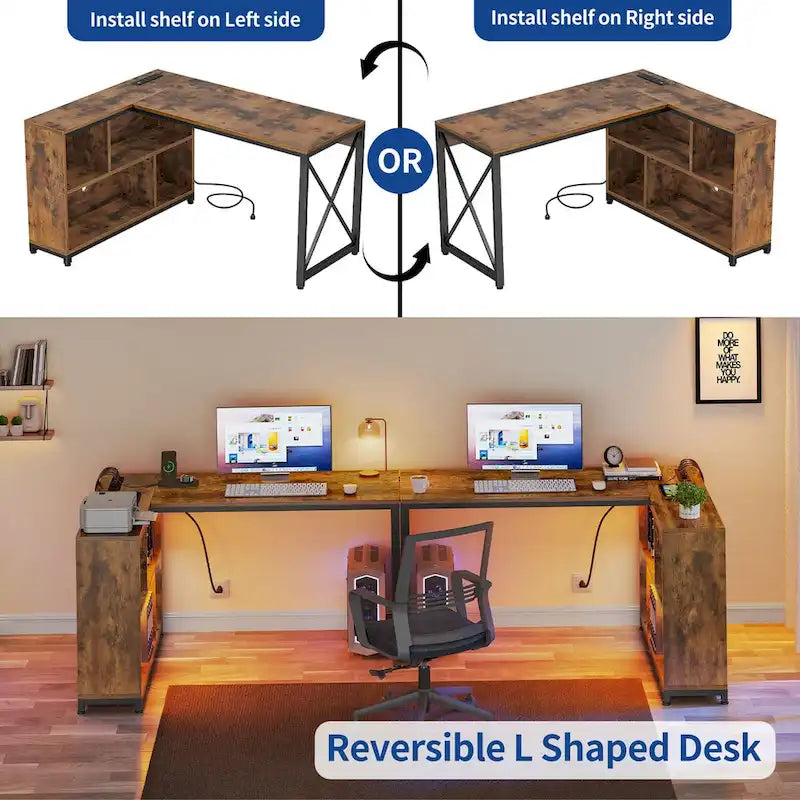 55" Reversible L-Shaped Desk with Storage Shelves & Corner Gaming Setup