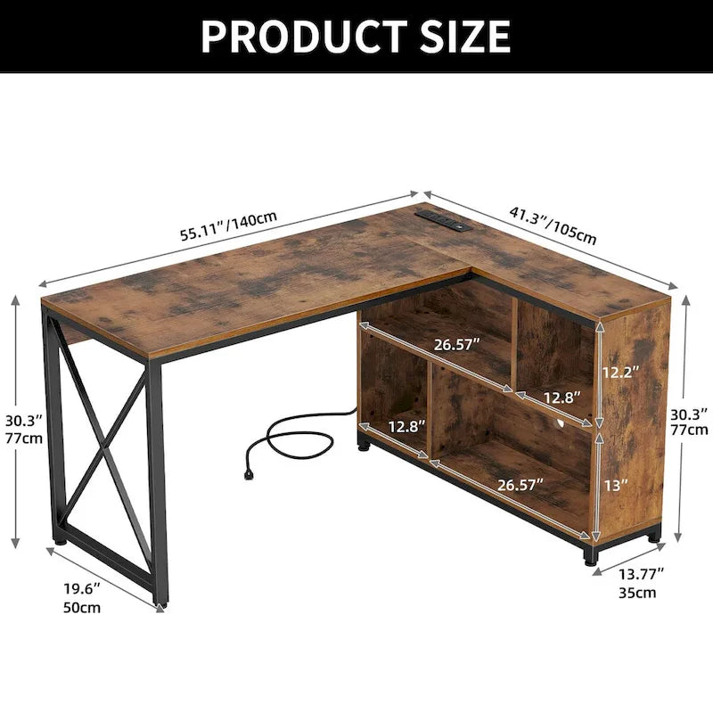 55" Reversible L-Shaped Desk with Storage Shelves & Corner Gaming Setup