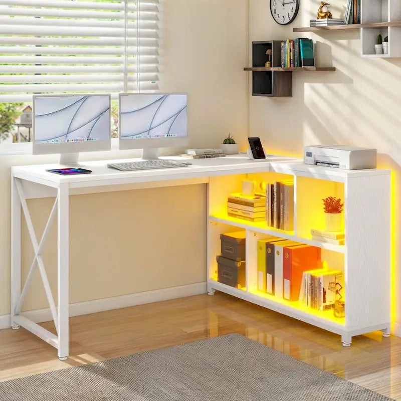 55" Reversible L-Shaped Desk with Storage Shelves & Corner Gaming Setup