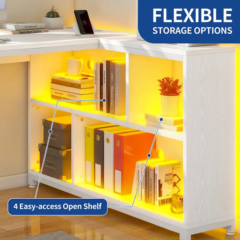 55" Reversible L-Shaped Desk with Storage Shelves & Corner Gaming Setup