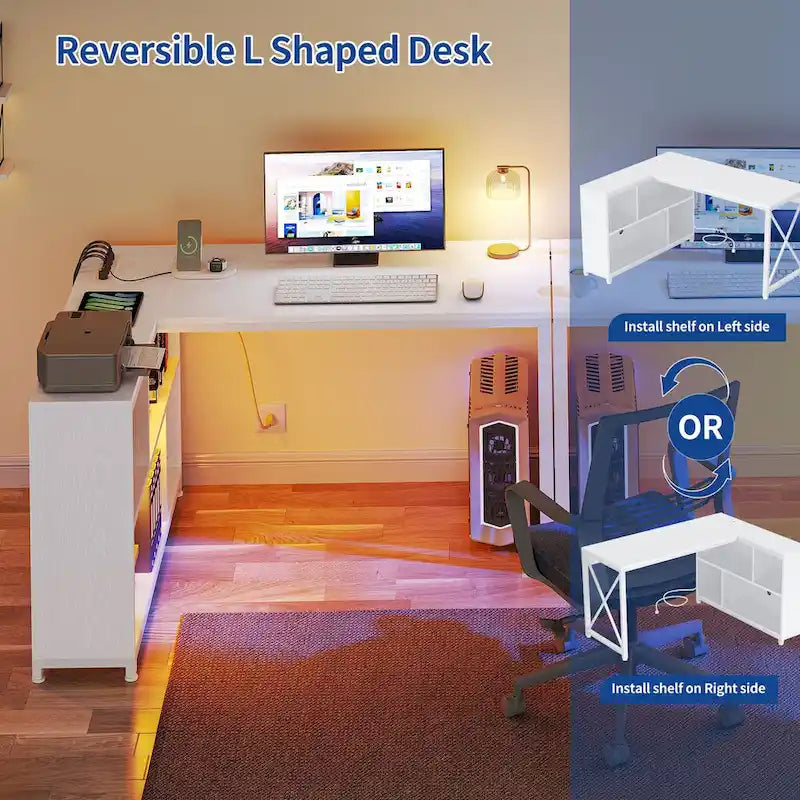 55" Reversible L-Shaped Desk with Storage Shelves & Corner Gaming Setup