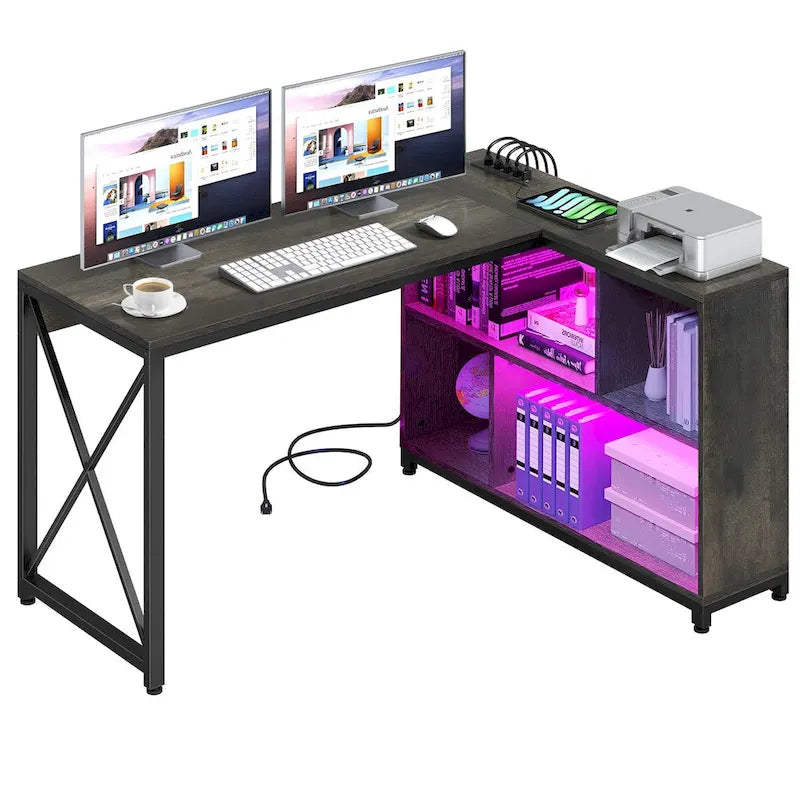 55" Reversible L-Shaped Desk with Storage Shelves & Corner Gaming Setup
