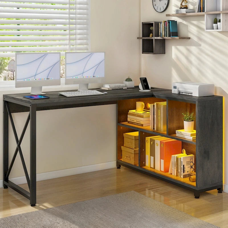 55" Reversible L-Shaped Desk with Storage Shelves & Corner Gaming Setup