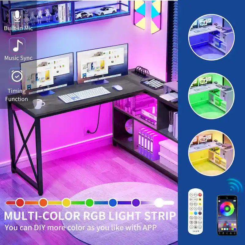 55" Reversible L-Shaped Desk with Storage Shelves & Corner Gaming Setup