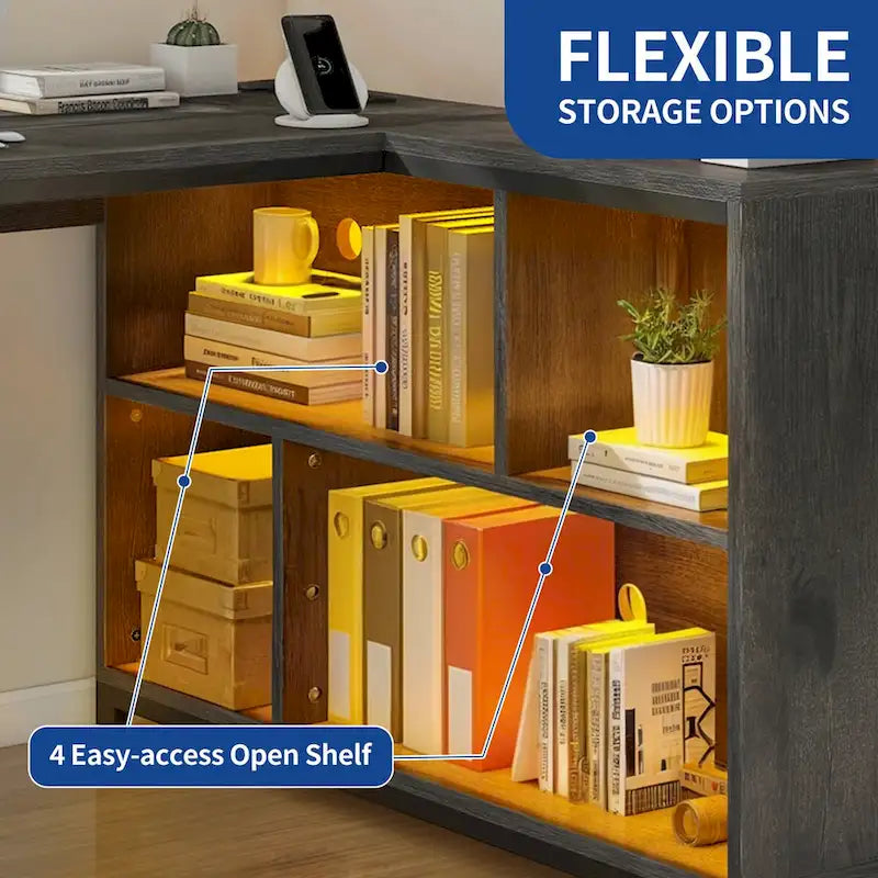 55" Reversible L-Shaped Desk with Storage Shelves & Corner Gaming Setup