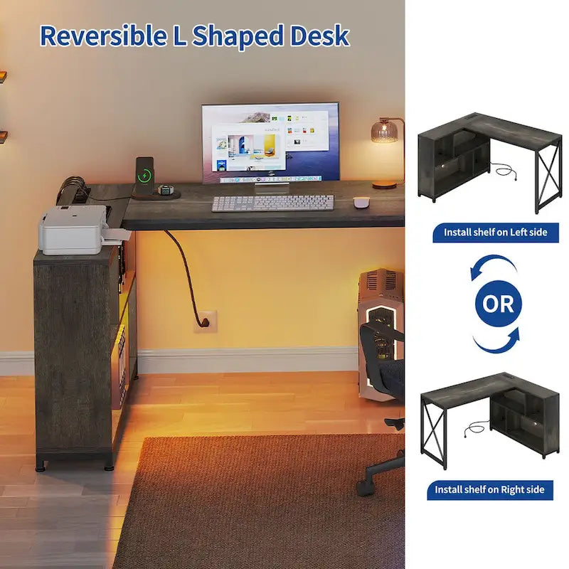 55" Reversible L-Shaped Desk with Storage Shelves & Corner Gaming Setup
