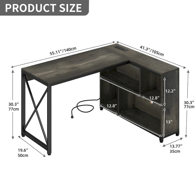 55" Reversible L-Shaped Desk with Storage Shelves & Corner Gaming Setup
