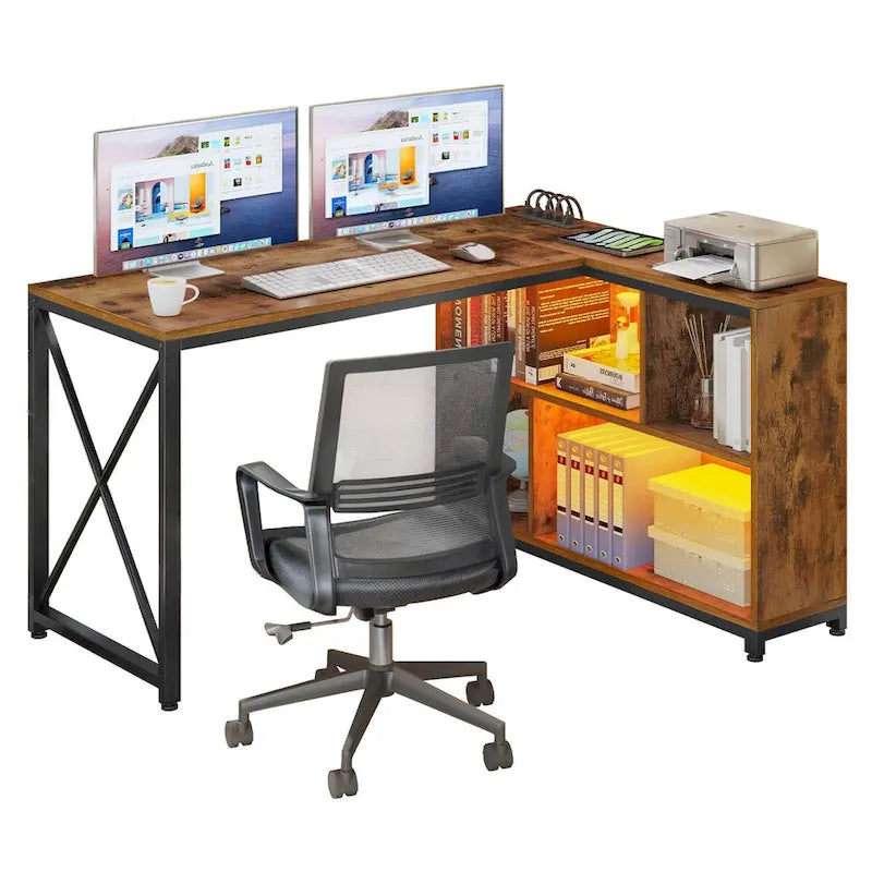 55" Reversible L-Shaped Desk with Storage Shelves & Corner Gaming Setup