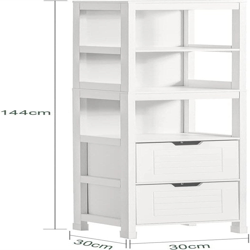 Armario alto blanco para baño con estantes y cajones